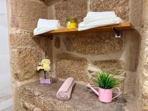 a stone wall with a shelf and a plant at Casa da Sequeirinha in Barreiros +58 photos