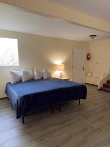 a bedroom with a bed with blue sheets and a window at Hawaii Island Resort in Naalehu