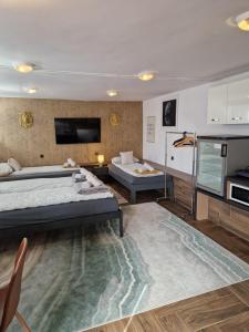 a bedroom with a large bed and a tv at Apartamenty Traugutta 47 in Radom