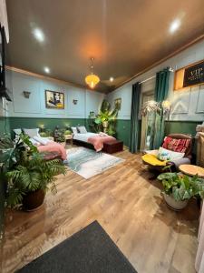 a living room with two beds and potted plants at Apartamenty Traugutta 47 in Radom