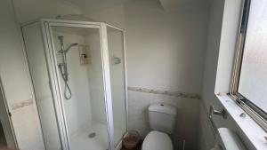 a bathroom with a shower and a toilet at Beachside Bliss in Tauranga