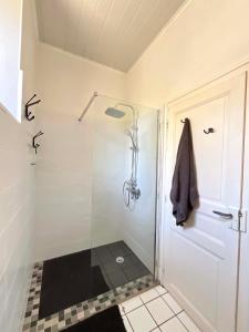 a bathroom with a shower with a glass door at La P'tite Bouriane in Le Vigan