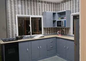 a kitchen with blue cabinets and a sink at Zahra Suites in Elephant Island