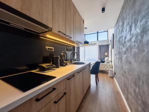 a kitchen with wooden cabinets and a counter top at Lux House in Hadžići