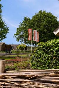 two red flags on poles in a garden at Buiteninn in Rijssen