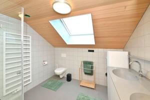 a bathroom with a sink and a toilet and a skylight at GebirgsImker-Apartment in Egg
