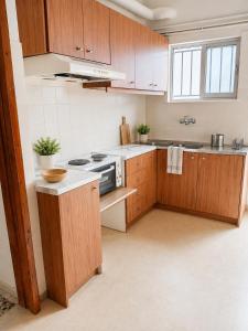 a kitchen with wooden cabinets and a stove top oven at Margianna Apartments1 in Káto Ássos