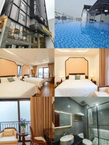 a collage of four pictures of a hotel room at Olong Pho Co Hotel Ninh Binh in Kỳ Vĩ