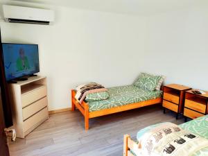 a living room with a couch and a tv at Goranovi House in Pleven
