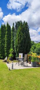 a picnic table and a bench in a garden at Ferienwohnung Waldblick in Langenfeld