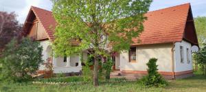 a small white house with a red roof at Felföldi Tanyavendégház in Kiskunmajsa
