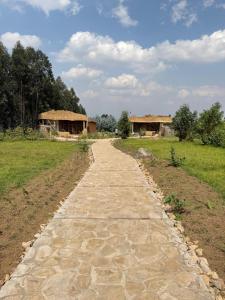 a stone path leading to two buildings in a field at Gahinga Community Lodge in Kinigi