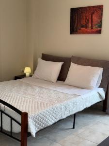 a bed with white pillows and a painting on the wall at Alasrooms A1 in Missolonghi