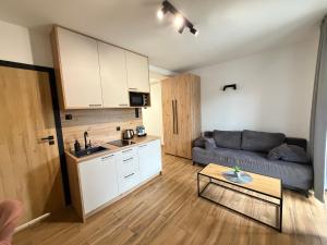 a living room with a couch and a table at Apartamenty Agro Roś in Pisz