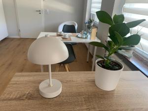 a white chair sitting on a table with a potted plant at Eifelliebe in Bergweiler