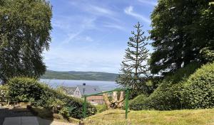 a tall tree in a yard with a view of a lake at Rubybank Bothy, overlooking Loch Fyne in Strachur