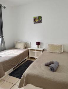 a bedroom with two beds and a table with a night stand at Appartement hibiscus in Grand-Baie +4 photos