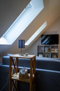 a living room with a blue couch and a skylight at Hof Bahrenwinkel in Osterholz-Scharmbeck