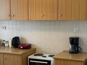 a kitchen with a white stove top oven in a kitchen at Alasrooms Γ1 in Missolonghi