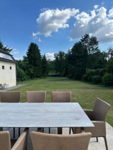 a table and chairs with a view of a field at Apartment Hafingervilla in Sankt Pölten