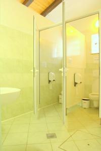 a bathroom with a glass shower and a toilet at Avtokamp pri mlinu - Tent or Camper Pitch - Dujčeva domačija in Vremski Britof
