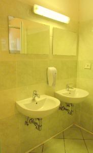 a bathroom with two sinks and a mirror at Avtokamp pri mlinu - Tent or Camper Pitch - Dujčeva domačija in Vremski Britof