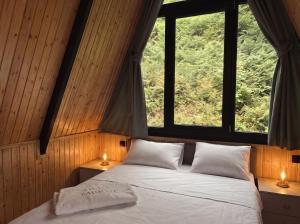a bedroom with a large bed with two windows at Villa MERISI in Merisi