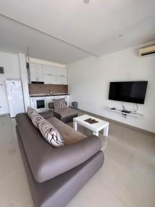 a living room with a couch and a tv at SunsetEscape Apartments Utjeha in Utjeha