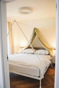 a bed with a canopy in a room at Pioneer house - app with free parking place, terrace and private garden in Koliba