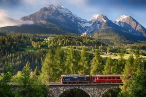 a train on a bridge with mountains in the background at Plavna Serviced Apartments in Scuol