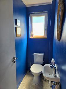 a blue bathroom with a toilet and a sink at Chambre privée proche plages in Plozévet