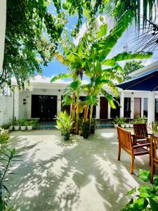a courtyard of a house with two chairs and trees at Celeste Thoddoo Maldives in Thoddoo