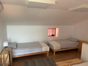 a bedroom with two beds and a window at Hramišče, Botega in Šmarje