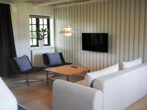 a living room with a couch and chairs and a tv at Nørby Boutique Hotel in Fanø