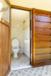 a bathroom with a toilet and a wooden door at Chata u lesa in Prostřední Bečva +10 photos
