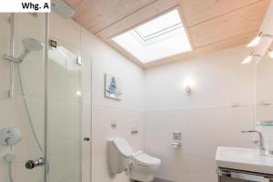 a bathroom with a shower and a toilet and a window at Ferienwohnung Philip in Meersburg +7 photos