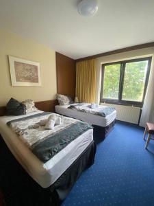 a hotel room with two beds and a window at Hotel Regina Suites in Sankt Augustin