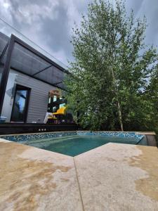 a swimming pool in front of a house at Trei Mândre by Cabana CeiTrei in Cozăneşti