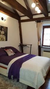 a bedroom with a large bed with purple sheets at ApartHome Barbara 1 in Toruń