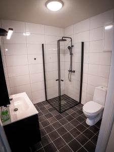 ein Badezimmer mit Dusche, Toilette und Waschbecken in der Unterkunft Centrumrooms in Mosjøen + 14 Fotos