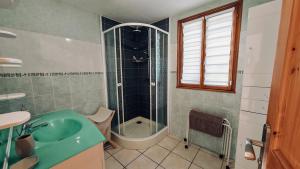 a bathroom with a green sink and a shower at Gite De La Mortagne in Mortagne +42 photos