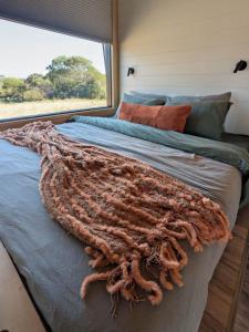 a bed in a room with a large window at Nine77 - Tiny Home Retreat in Esperance