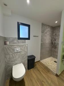 a bathroom with a toilet and a television on the wall at Lou Cigalou Clim, jardin privé, parking & Wi-Fi 1 à 4 pers in Avignon +3 photos