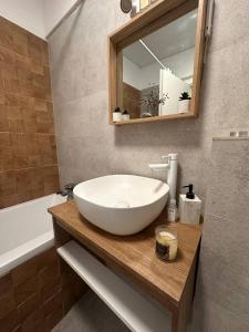 a bathroom with a sink and a mirror and a tub at Two-room apartment in Dudu