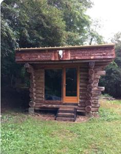 a small log cabin with a window in the grass at Le nid de bois insolite in Haget