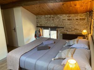 a bedroom with a large bed in a stone wall at LA PASSIFLORE in Azé