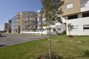 a tree in the grass in front of a building at Escale BOUZNIKA Centre in Bouznika