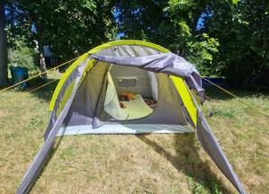 a tent on the grass in a field at Tentu Tentu, Babushtent in Ventspils