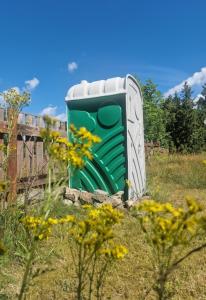 a green and white shed in a field with flowers at Tentu Tentu, Babushtent in Ventspils