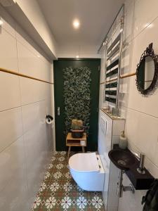 a bathroom with a toilet and a green wall at Morgenstond in Groesbeek